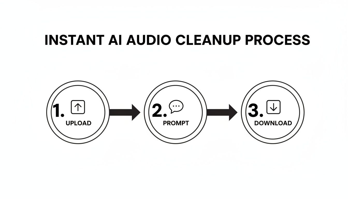 A three-step diagram illustrating the instant AI audio cleanup process: upload, prompt, and download.