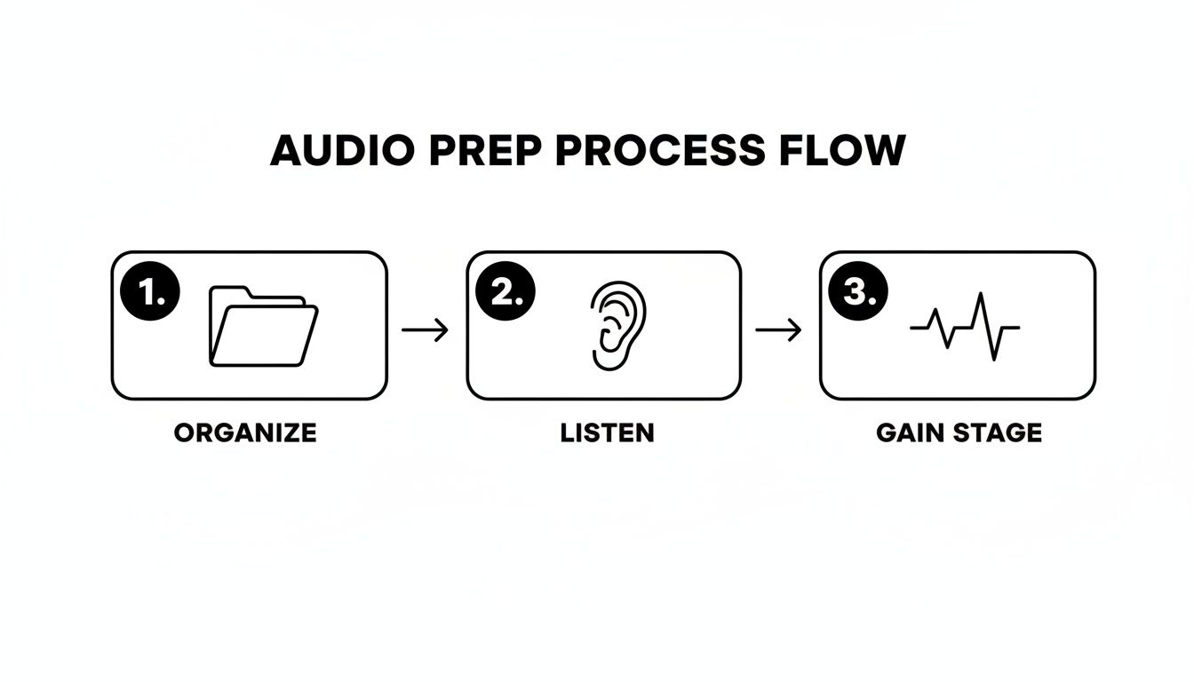 A three-step audio preparation process flow diagram showing organize, listen, and gain stage.