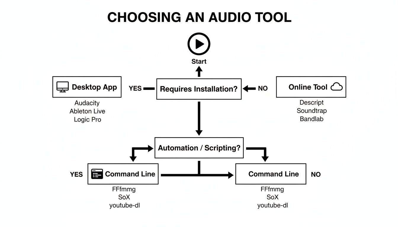 Flowchart diagram guiding users to choose an audio tool based on installation and automation needs.