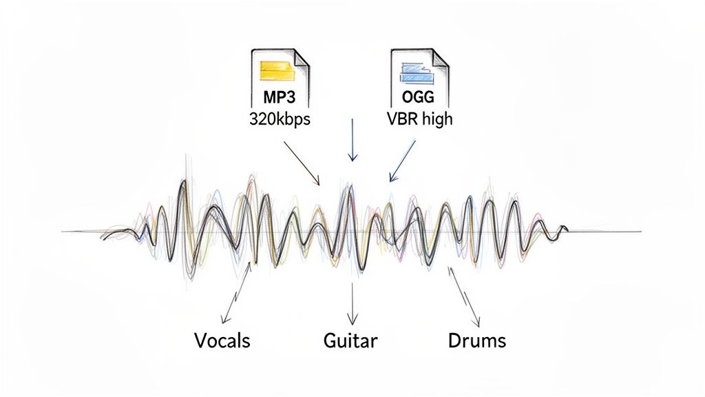 A colorful audio waveform visualizes sound components like vocals, guitar, drums, comparing MP3 and OGG formats.