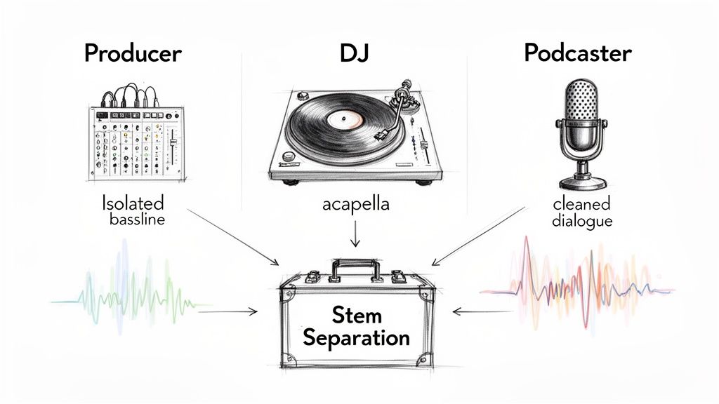 Diagram shows Producer, DJ, and Podcaster applying stem separation for isolated bassline, acapella, and dialogue.