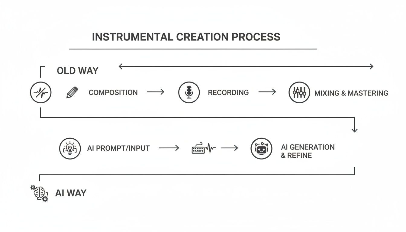 Diagram illustrating two instrumental music creation processes: the old way (composition, recording, mixing) versus the AI way (prompt, generation, refine).