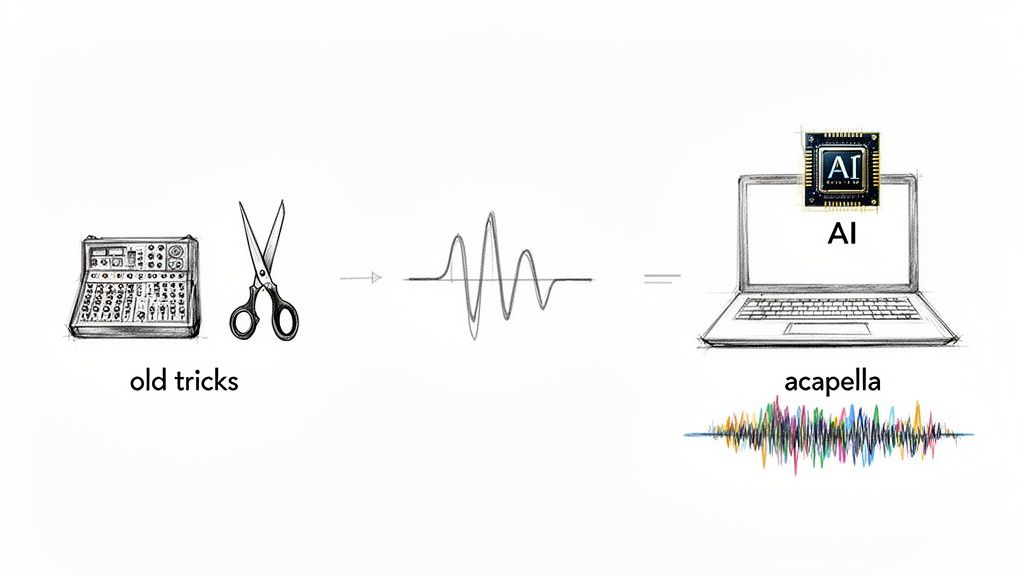 Visual illustrating the transformation from old music editing tricks to AI-powered acapella creation.
