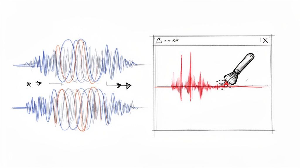 Two graphs show converging waves, and a screen displays a brush cleaning a red audio waveform.