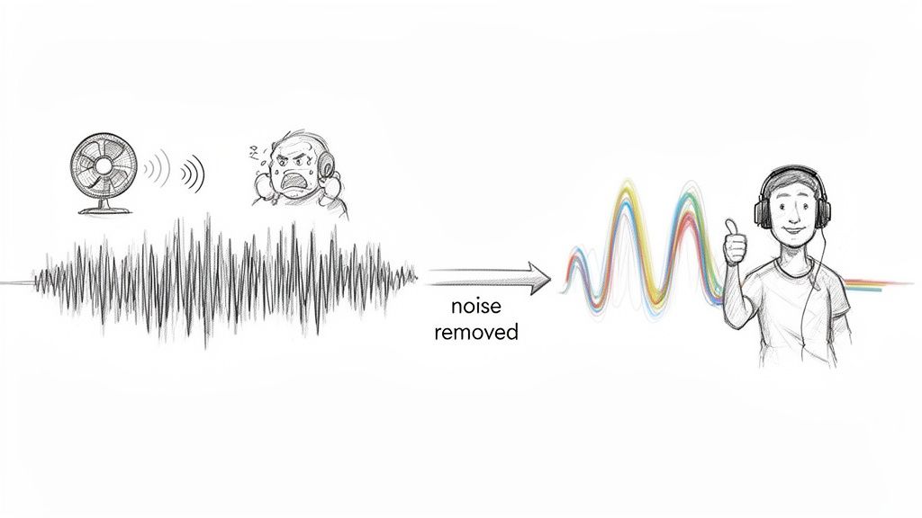 Visualizing noise removal: a loud fan and chaotic sound wave transformed into clear audio for a happy listener.