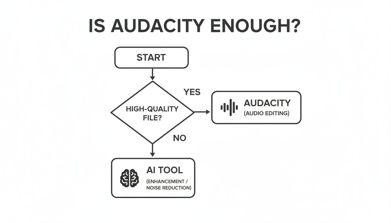 Flowchart deciding between Audacity for high-quality files and AI tools for audio enhancement.