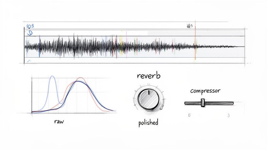 Sketches illustrating audio editing concepts like waveforms, sound processing curves, a reverb knob, and a compressor slider.