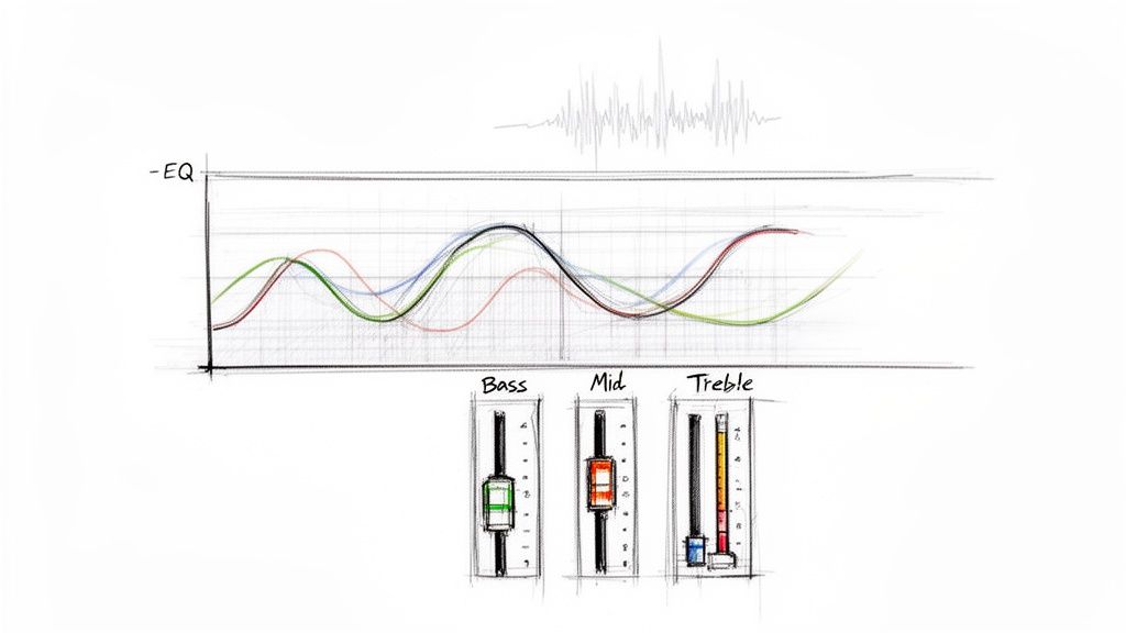A hand-drawn sketch illustrating audio equalization (EQ) with a graph of frequency curves and fader controls for bass, mid, and treble.