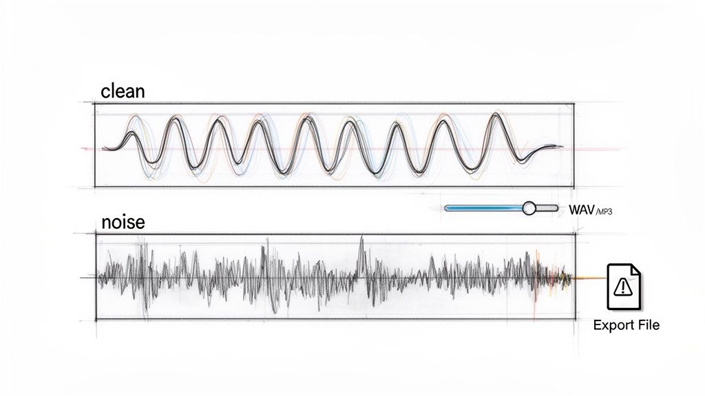Comparison of clean and noisy sound waves with audio format selection and export file.