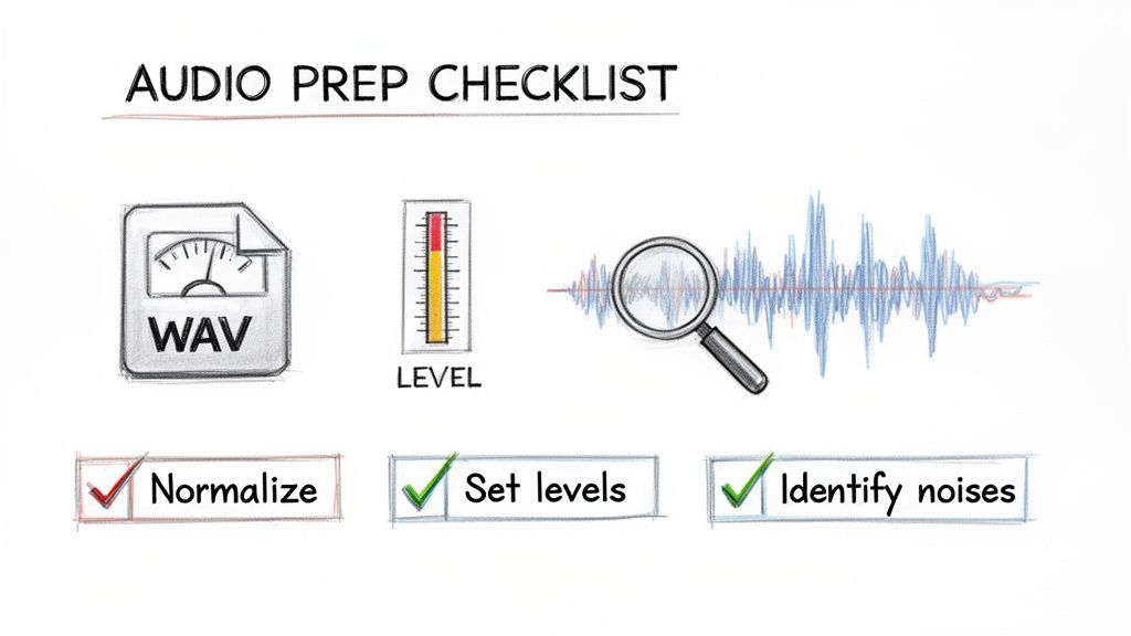 An audio prep checklist showing steps to normalize, set levels, and identify noises in a WAV file.