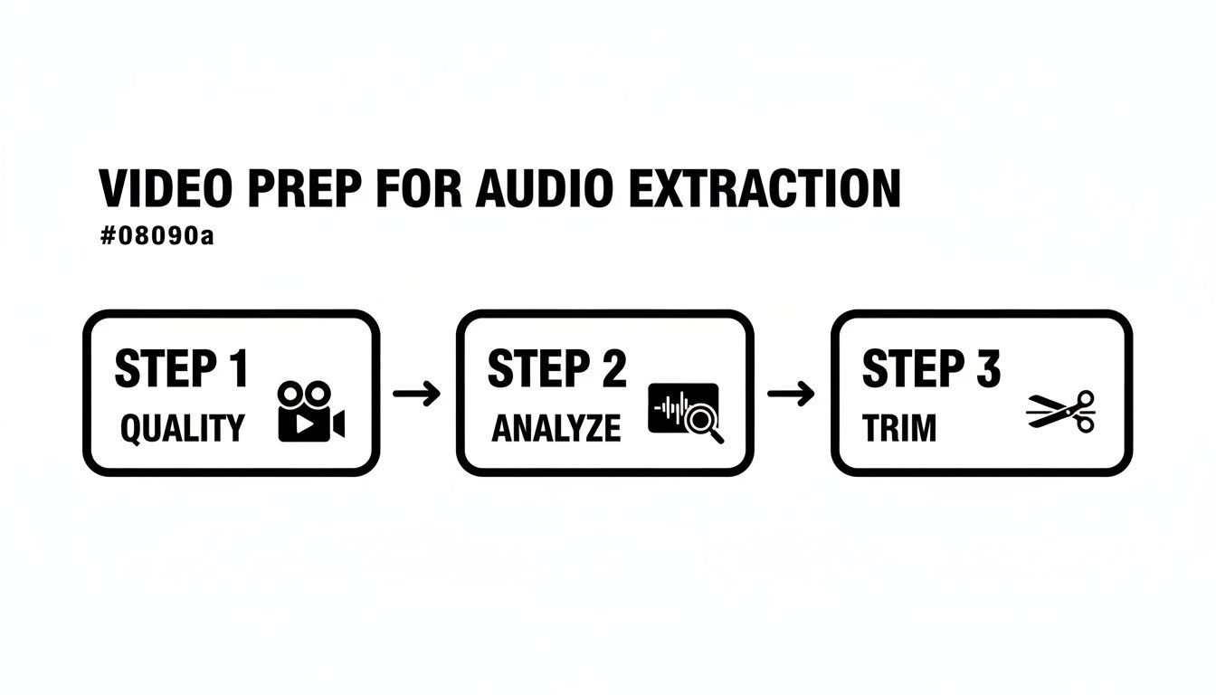 A three-step infographic outlining video preparation for audio extraction: quality, analyze, and trim.
