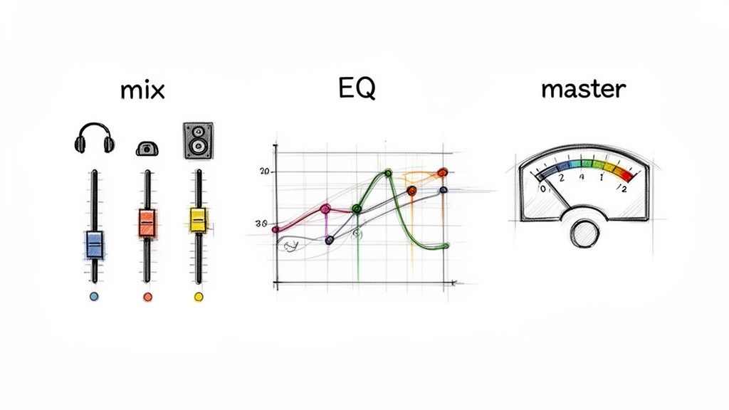 A sketch illustrating the stages of audio production: mix, EQ, and master, with associated tools.