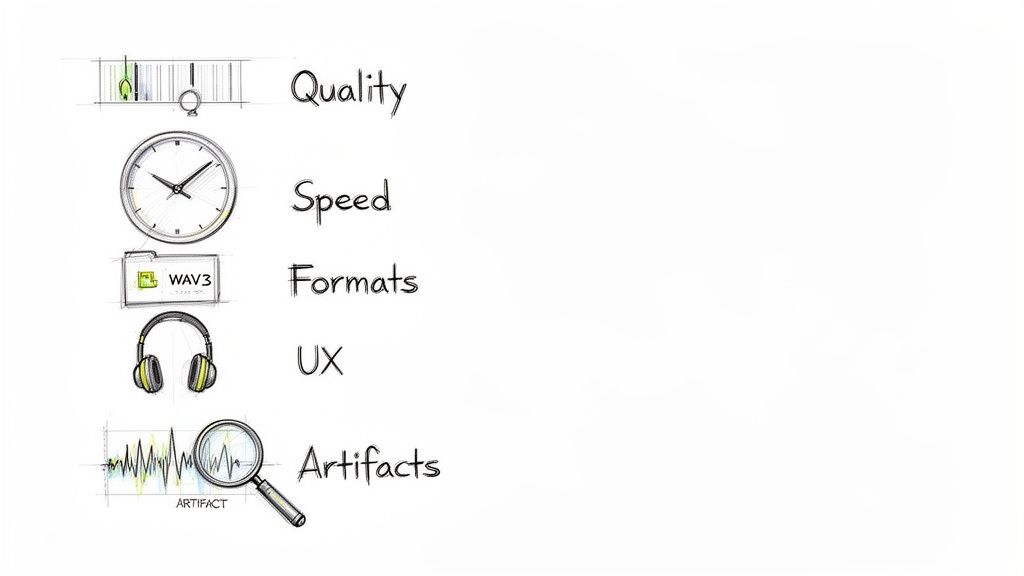 Hand-drawn list of software evaluation criteria: Quality, Speed, Formats, UX, and Artifacts, with corresponding icons.