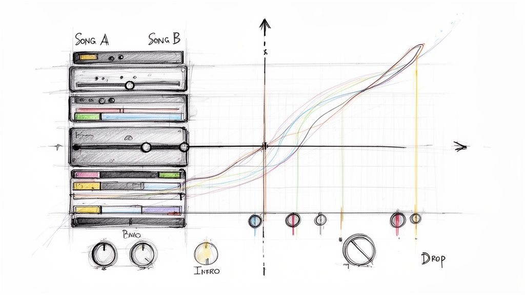 Hand-drawn sketch of a music mixing interface with controls for Song A, Song B, and a central audio transition graph.