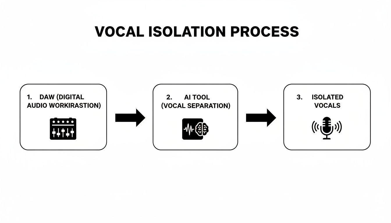 Flowchart illustrating the vocal isolation process using a DAW, an AI tool for vocal separation, resulting in isolated vocals.