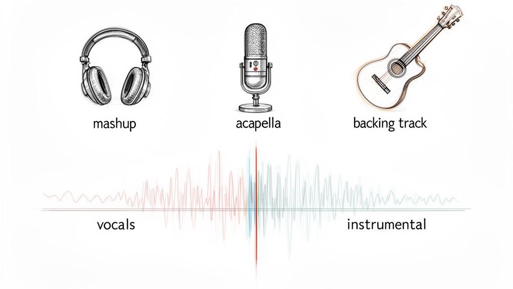 Visual diagram explaining musical concepts: mashup, acapella, backing track, and separating vocals from instrumentals.