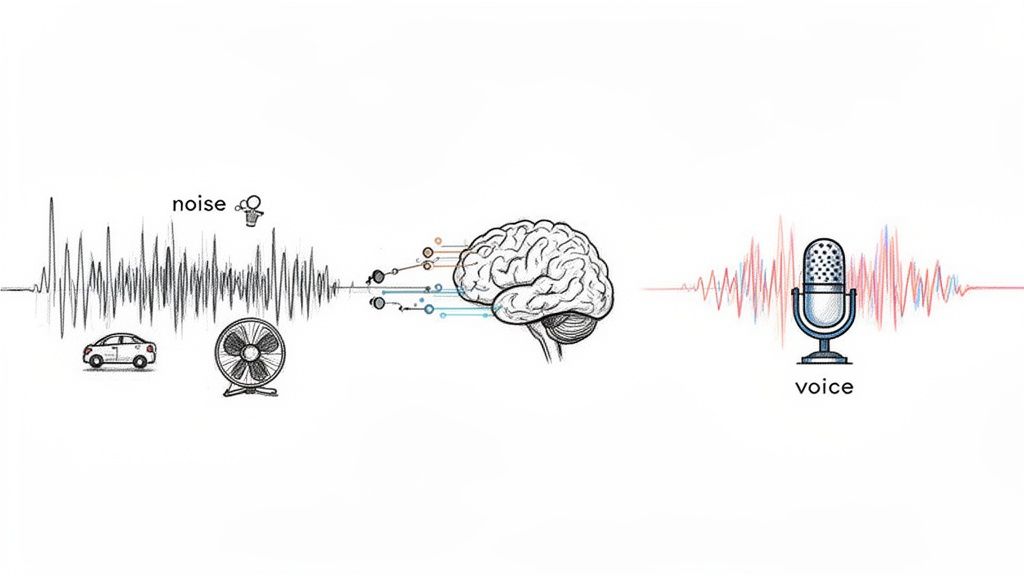 Diagram illustrating noise reduction, with a brain processing noisy environmental sounds into a clear voice signal.