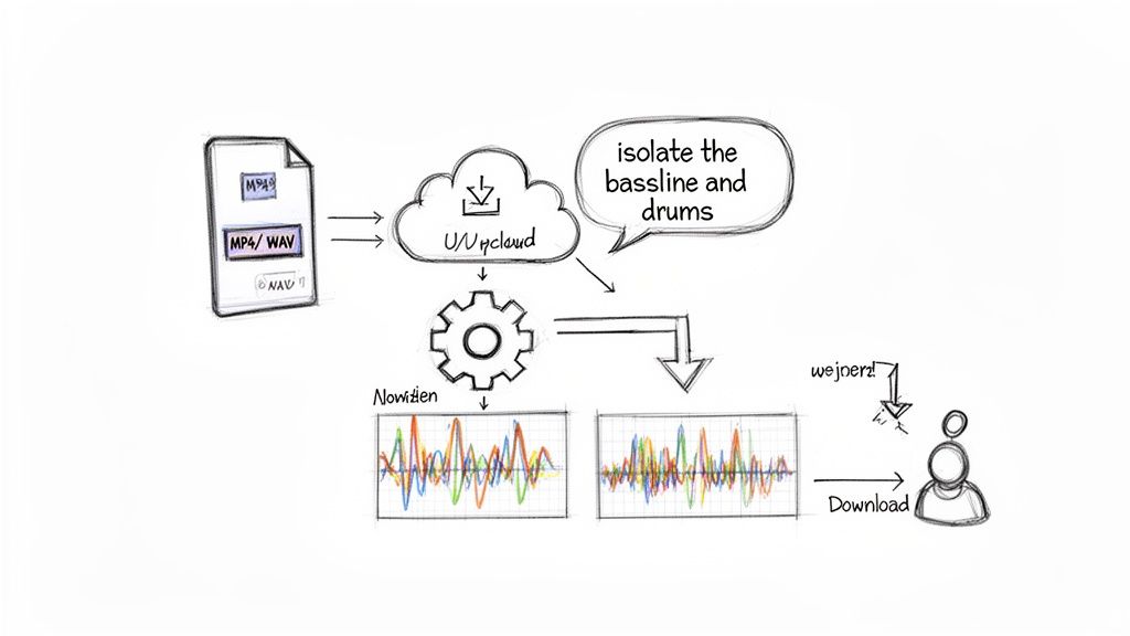 Diagram showing audio file upload to a cloud service, processing to isolate bass and drums, and user download.