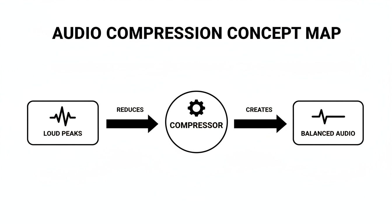 A concept map illustrating how an audio compressor reduces loud peaks to create balanced audio.