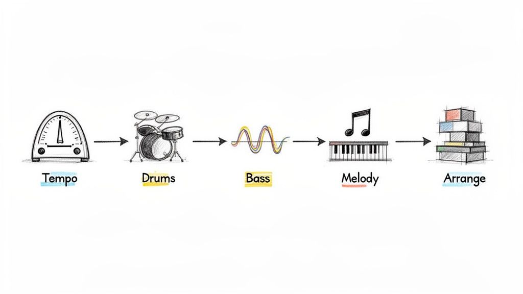 A diagram illustrating the music production process: Tempo, Drums, Bass, Melody, then Arrange.