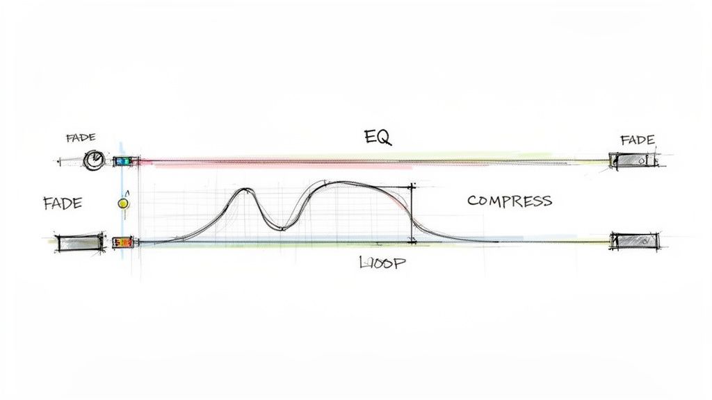 A hand-drawn technical sketch illustrating audio processing concepts like EQ, compression, fading, and looping with waveforms.