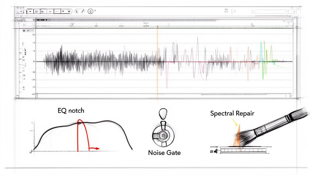 Sketch of an audio editing interface with waveforms, illustrating EQ notch, noise gate, and spectral repair techniques.