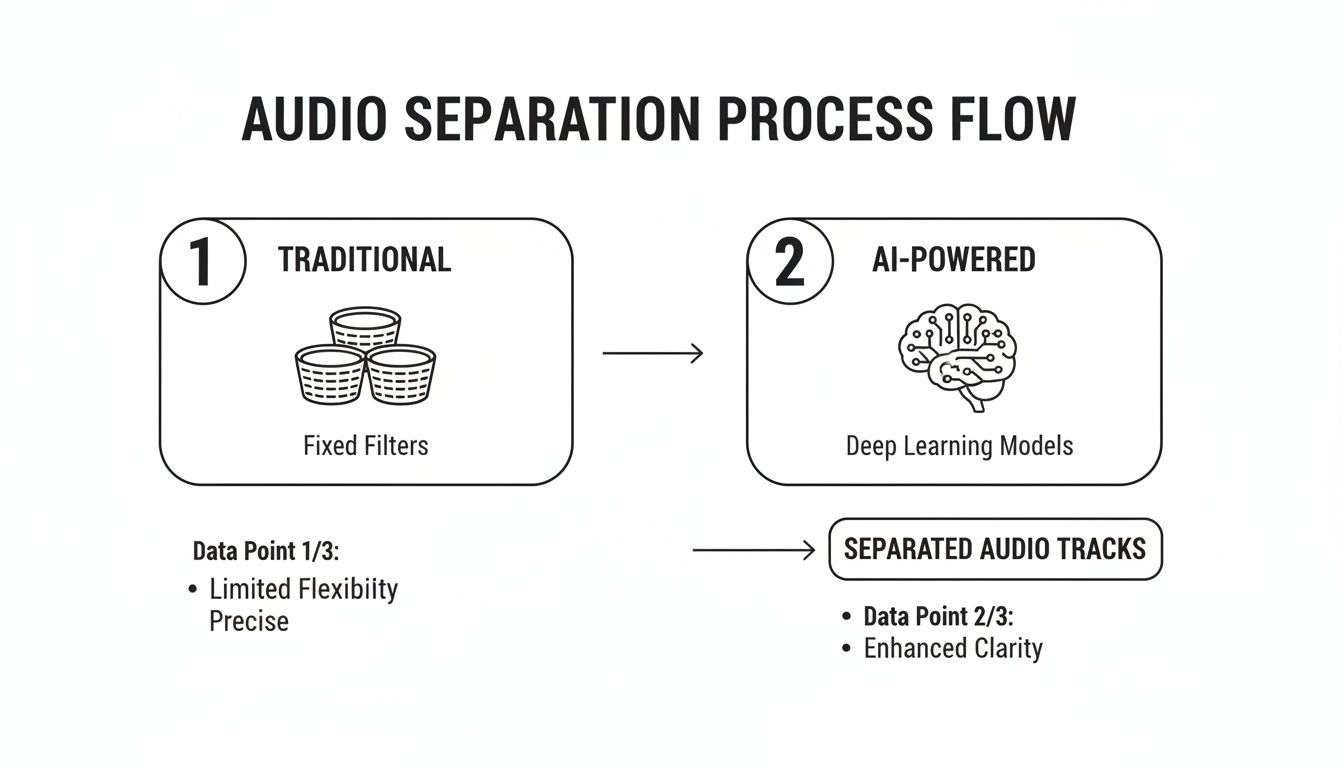 Diagram comparing traditional audio separation using fixed filters with AI-powered deep learning models for better clarity.