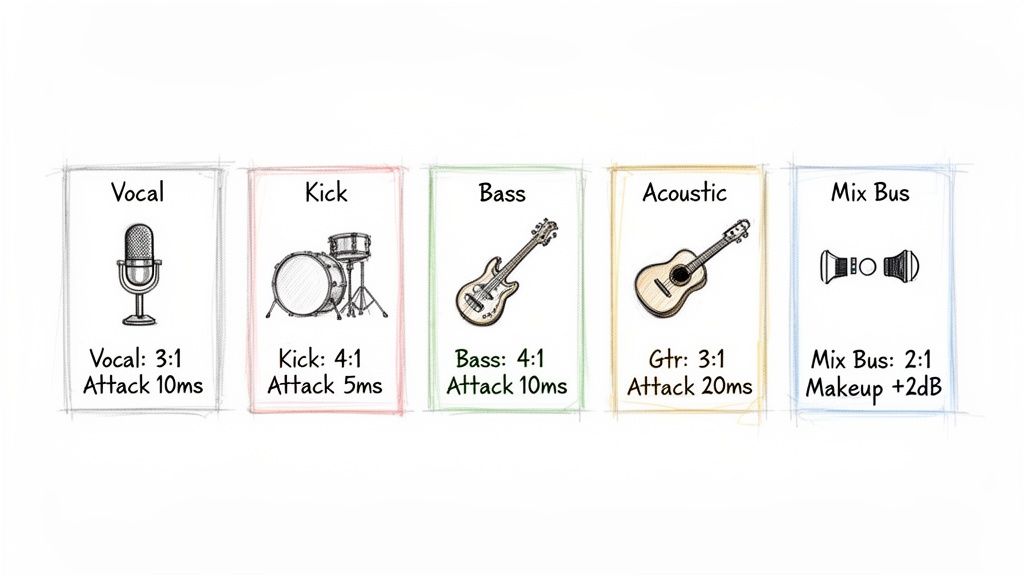 Illustrates audio compression settings for vocal, kick drum, bass, acoustic guitar, and mix bus.