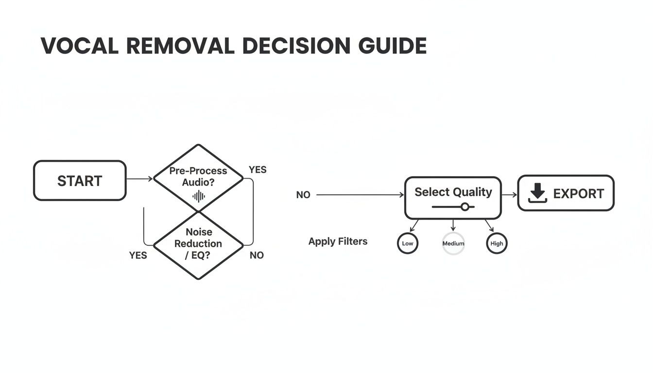 A flowchart detailing the vocal removal decision guide, including pre-processing, noise reduction, quality selection, and export steps.