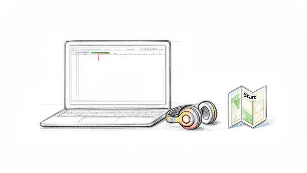 Pencil sketch of a laptop displaying music software, colorful headphones, and a map labeled 'Start'.
