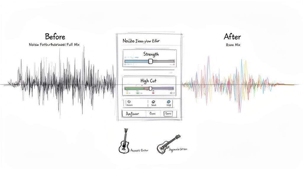 Illustration of audio mixing with before/after waveforms, sound editor, and guitar icons.