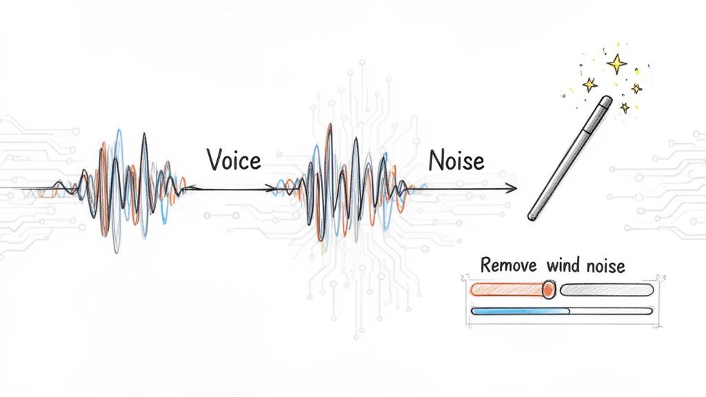 A diagram illustrates removing wind noise from an audio waveform using a magic wand and sliders.