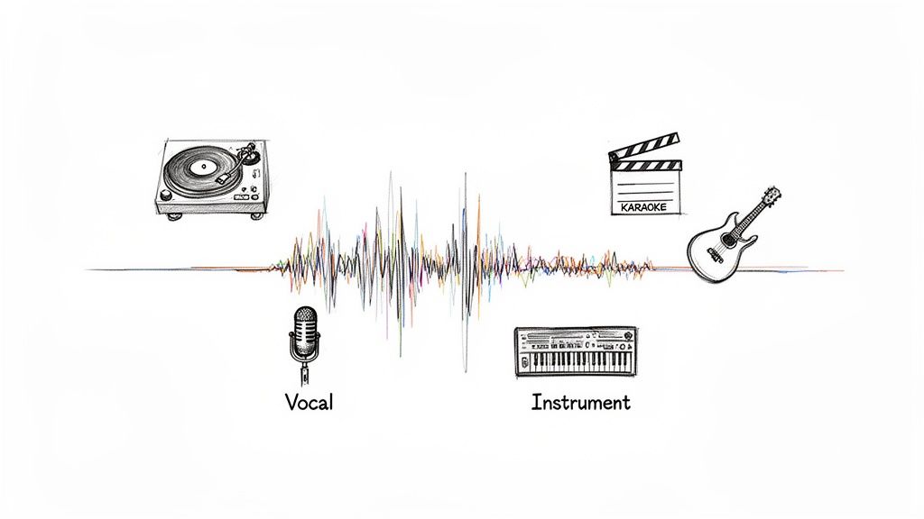Concept art depicting audio separation of vocal and instrument elements from a sound wave.