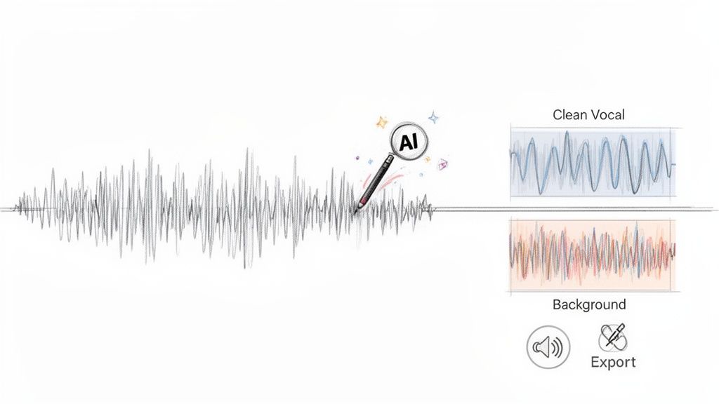 An AI tool separates a complex audio waveform into clean vocal and background sound waves for editing.