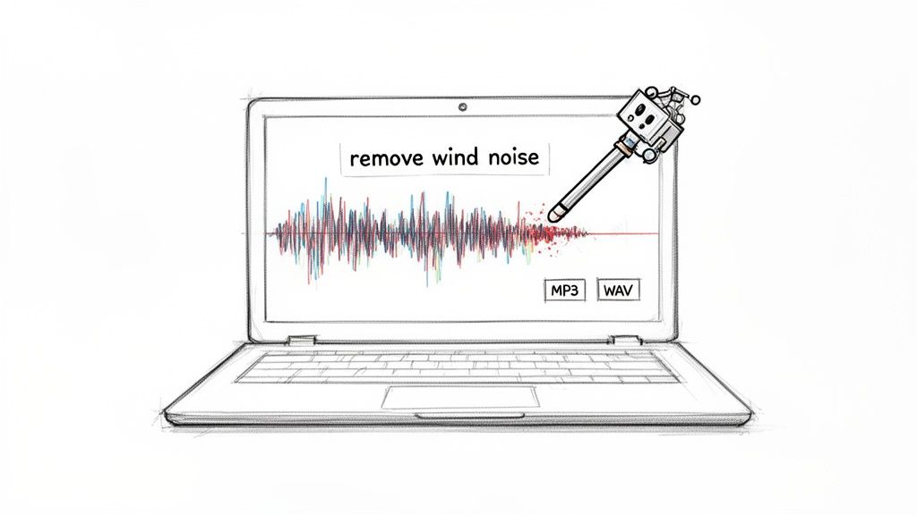 A hand-drawn laptop screen shows an audio waveform with 'remove wind noise' text, being edited by a robot arm.