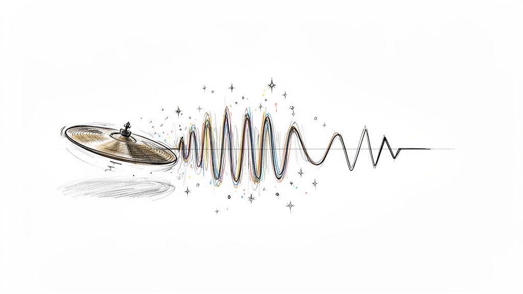 A vibrant illustration of a cymbal generating colorful sound waves and stars on a white background.