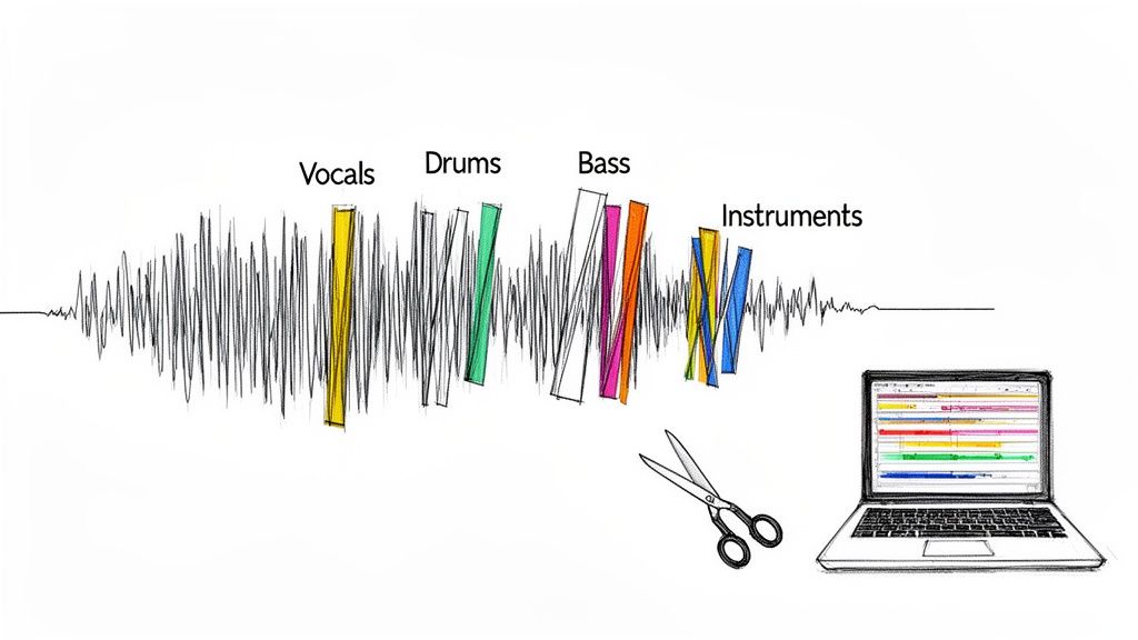 A visual representation of audio waveform separation into vocals, drums, bass, and instruments with editing tools.