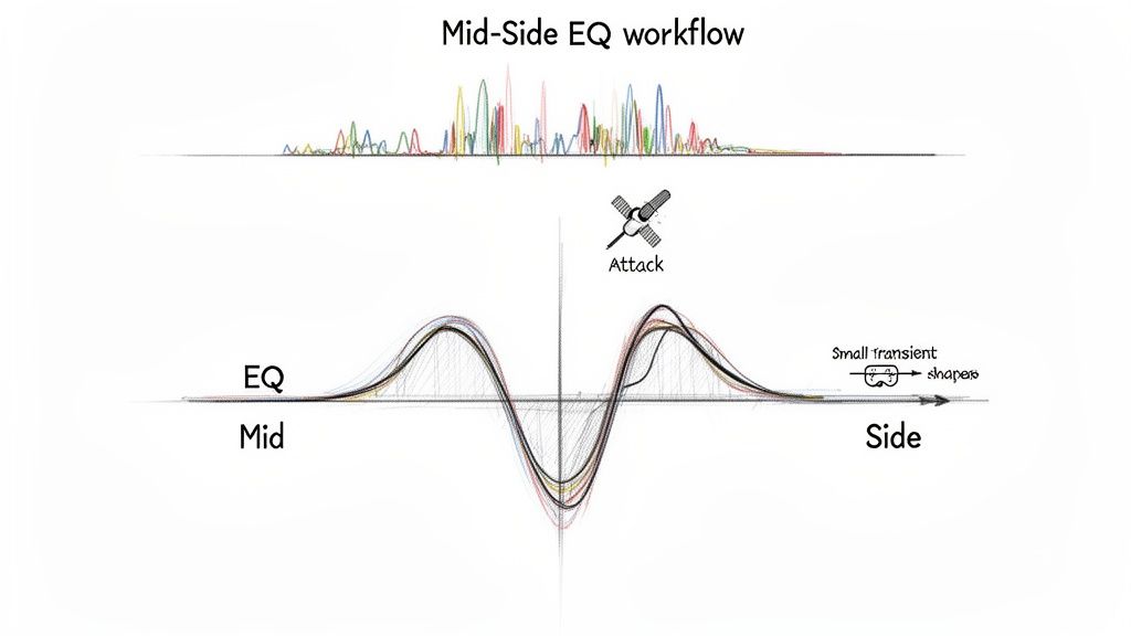 A detailed diagram illustrating the Mid-Side EQ workflow with frequency analysis and transient shaping.