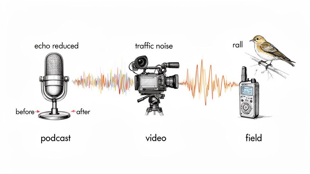 Visualizing sound processing: reducing echo in podcasts, traffic noise in video, and field bird calls.