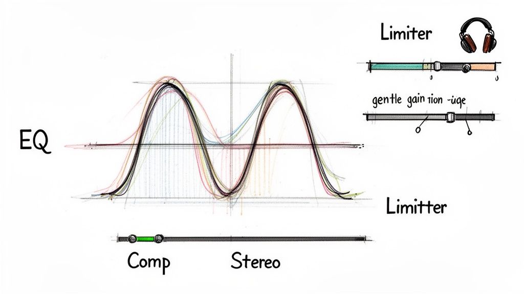 A hand-drawn diagram illustrating audio mixing concepts like EQ, Limiter, Compression, and Stereo, with faders and graphs.