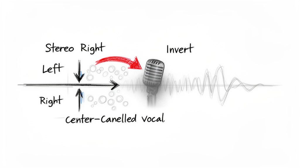Diagram demonstrating stereo vocal isolation using left/right channels, inversion, and a microphone waveform.