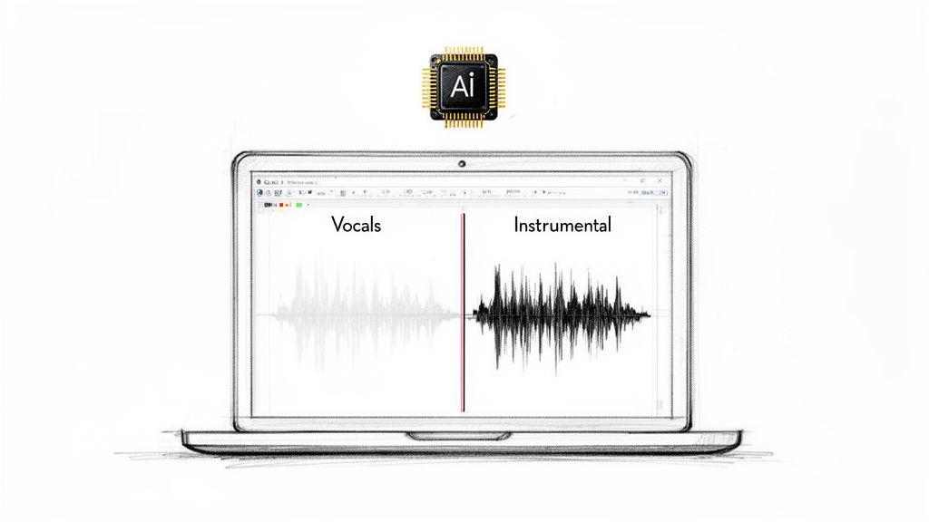 AI chip above a laptop screen showing audio waveforms separated into vocals and instrumentals.