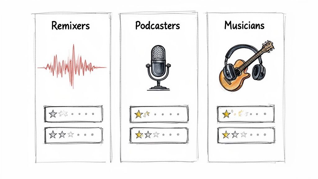 Three cards displaying content creation categories: Remixers, Podcasters, Musicians, each with two star rating bars.