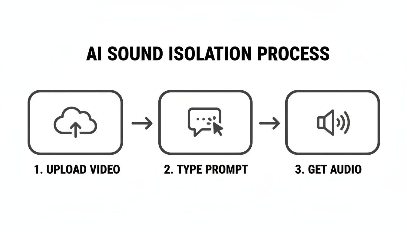 A three-step diagram illustrating the AI sound isolation process from video upload to audio output.