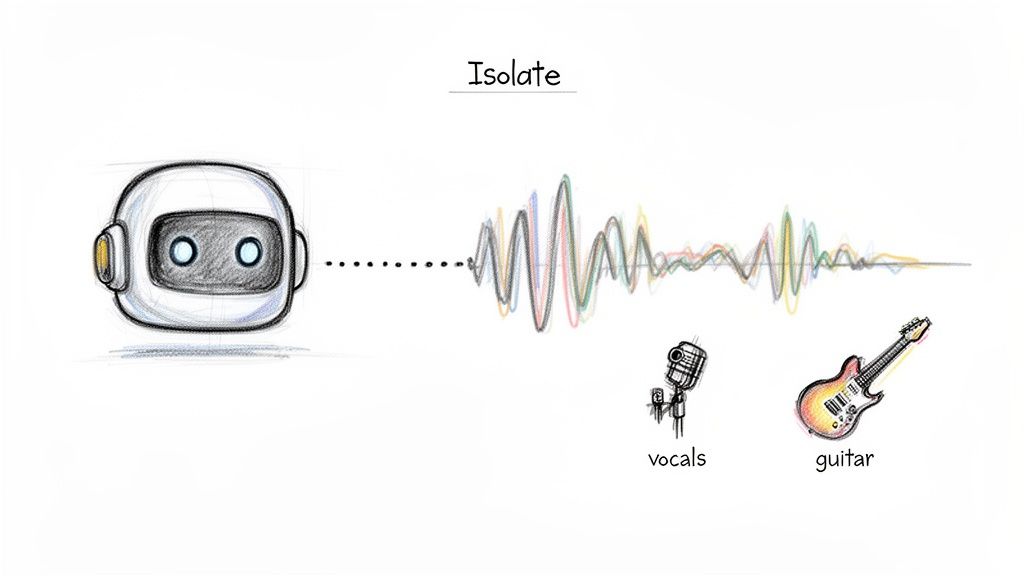 A robot processes an audio waveform to isolate individual vocal and guitar tracks.