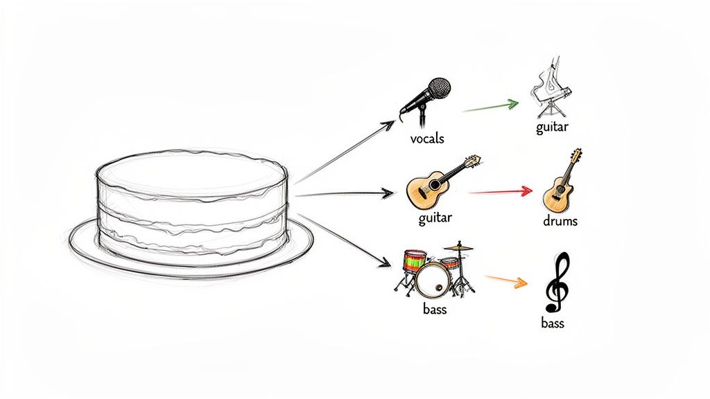 Diagram showing a cake symbolizing a music track separated into vocals, guitar, drums, and bass.