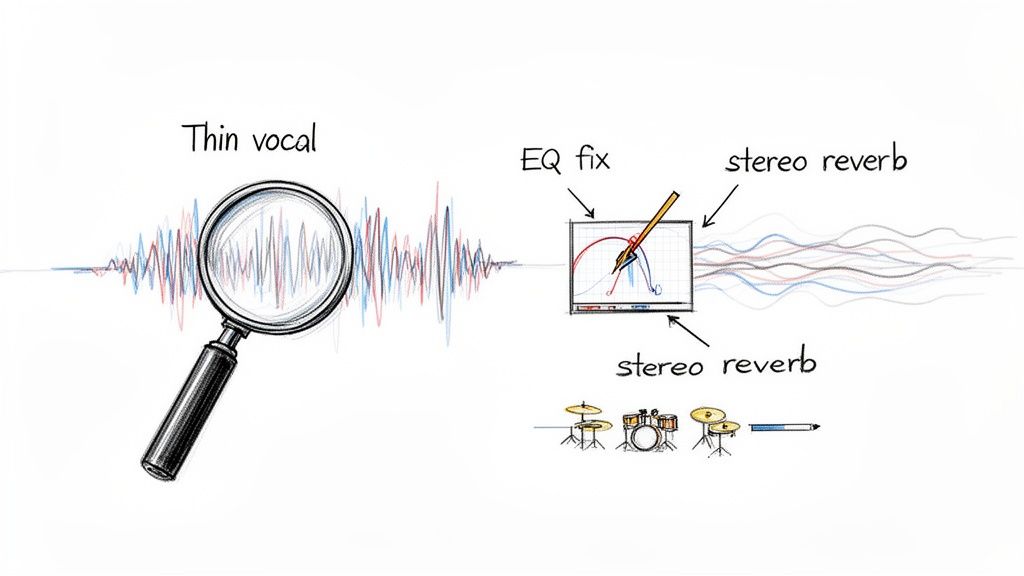 Diagram showing audio mixing: analyzing a thin vocal, applying EQ fix, and adding stereo reverb.