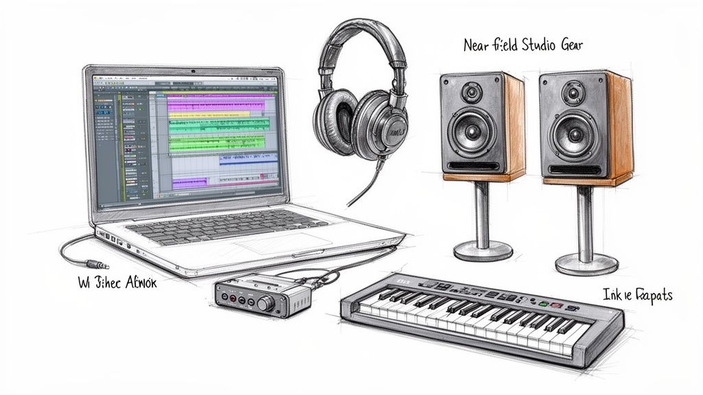 A sketch illustration of music production studio gear including laptop, headphones, audio interface, monitors, and MIDI keyboard.