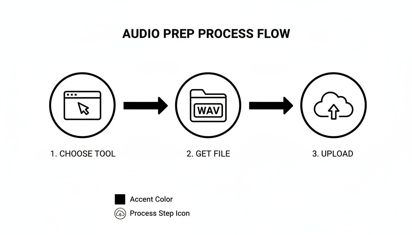 A three-step audio preparation process flow: choose tool, get WAV file, and upload to cloud.