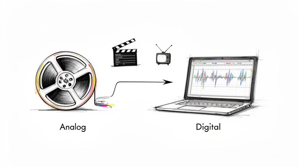 Illustration showing analog media (film reel, clapperboard, TV) converting to digital format on a laptop.